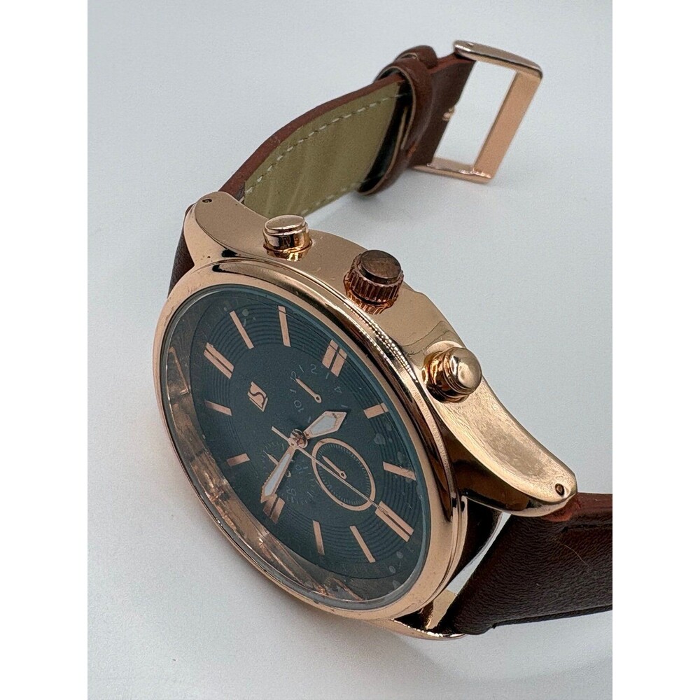 Men's Rose Gold-Tone Chronograph-Style Watch with Brown Faux Leather Strap